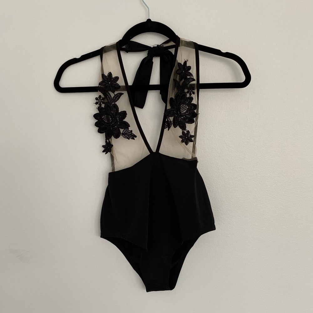 Floral black see through body suit